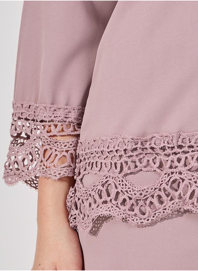 Lace Insert Top & Wide Leg Pants Modest Set