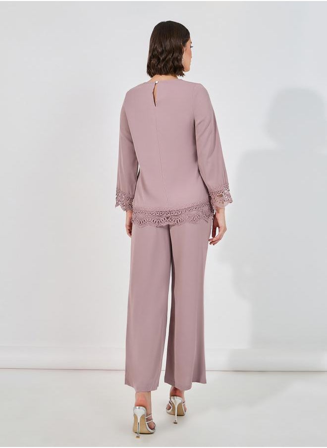 Lace Insert Top & Wide Leg Pants Modest Set