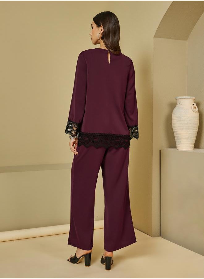 Lace Insert Top & Wide Leg Pants Modest Set
