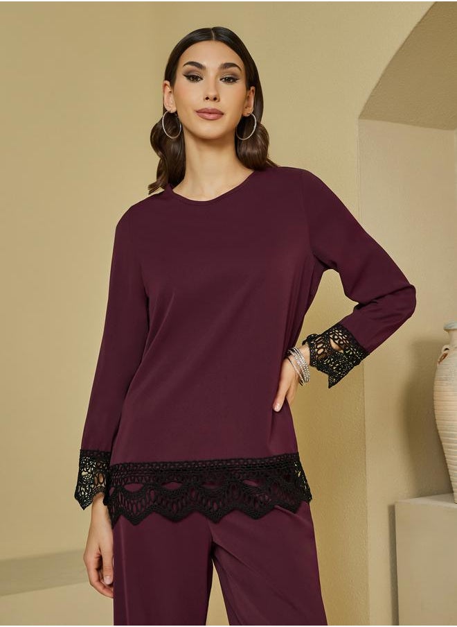Lace Insert Top & Wide Leg Pants Modest Set