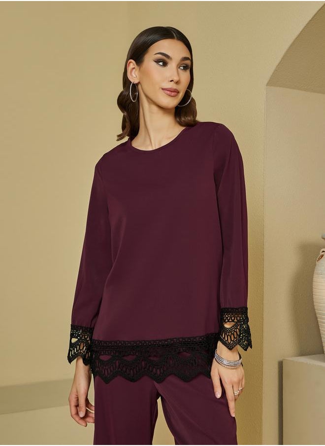 Lace Insert Top & Wide Leg Pants Modest Set