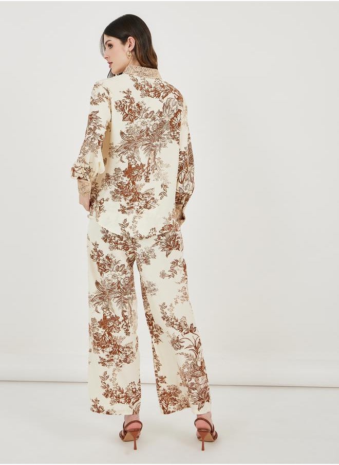 All Over Print Lace Insert Shirt & Straight Leg Pants Modest Set