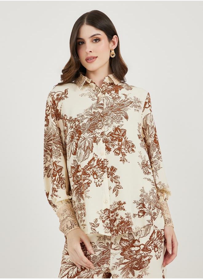All Over Print Lace Insert Shirt & Straight Leg Pants Modest Set