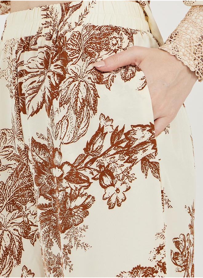All Over Print Lace Insert Shirt & Straight Leg Pants Modest Set