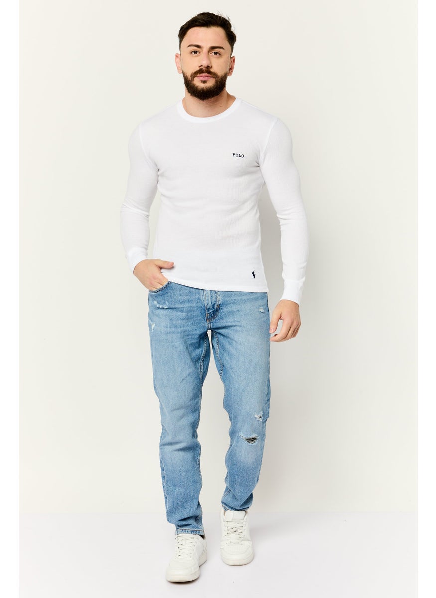 Men Crew Neck Long Sleeve Embroidered Logo Sweatshirt, White
