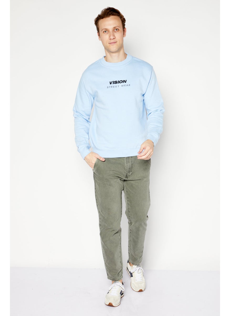 Men Crew Neck Long Sleeve Brand Logo Sweatshirt, Blue
