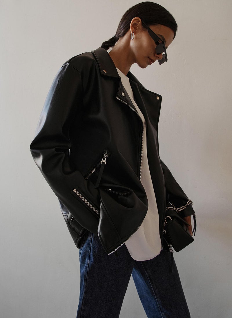 Oversized vegan-leather biker jacket