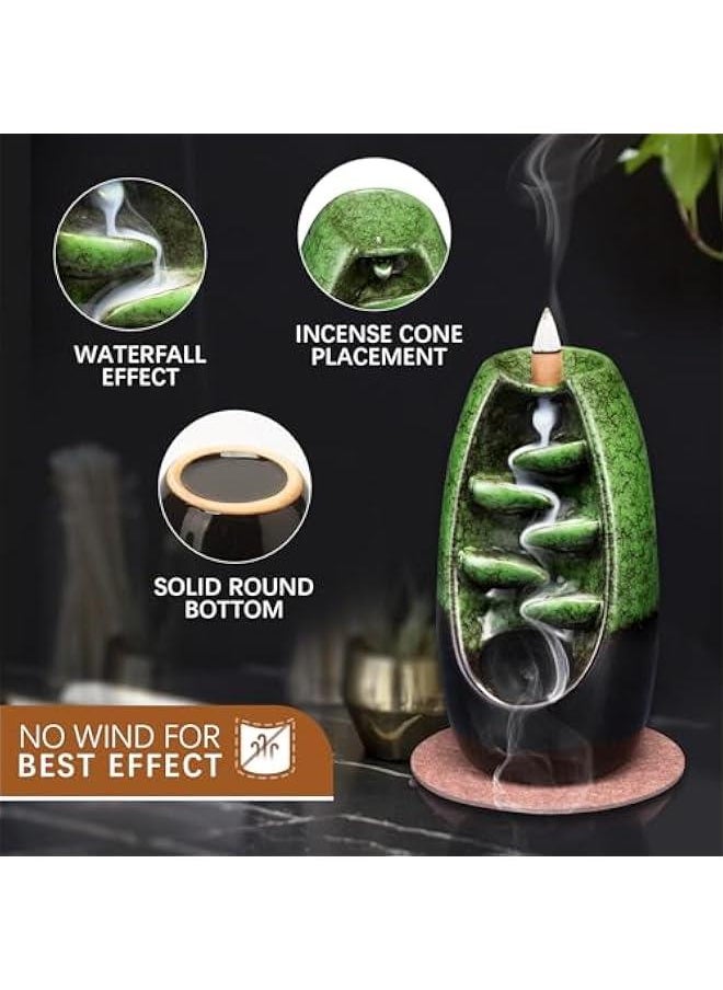 Ceramic Backflow Incense Holder Incense Burner Waterfall with 120 Backflow Incense Cones & 30 Incense Stick, Aromatherapy Ornament Home Decor, Green