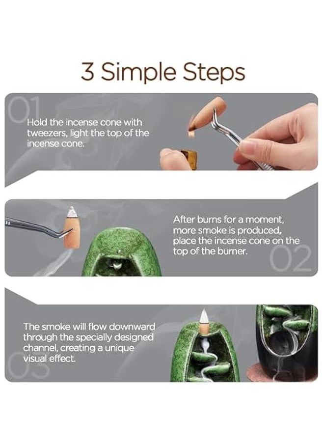 Ceramic Backflow Incense Holder Incense Burner Waterfall with 120 Backflow Incense Cones & 30 Incense Stick, Aromatherapy Ornament Home Decor, Green