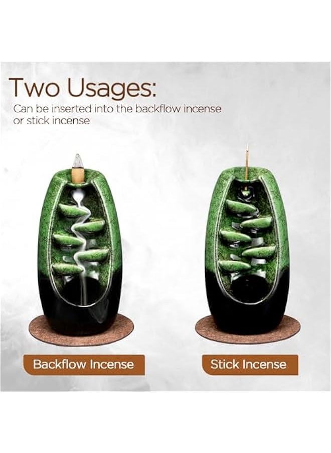 Ceramic Backflow Incense Holder Incense Burner Waterfall with 120 Backflow Incense Cones & 30 Incense Stick, Aromatherapy Ornament Home Decor, Green