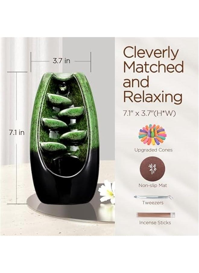 Ceramic Backflow Incense Holder Incense Burner Waterfall with 120 Backflow Incense Cones & 30 Incense Stick, Aromatherapy Ornament Home Decor, Green