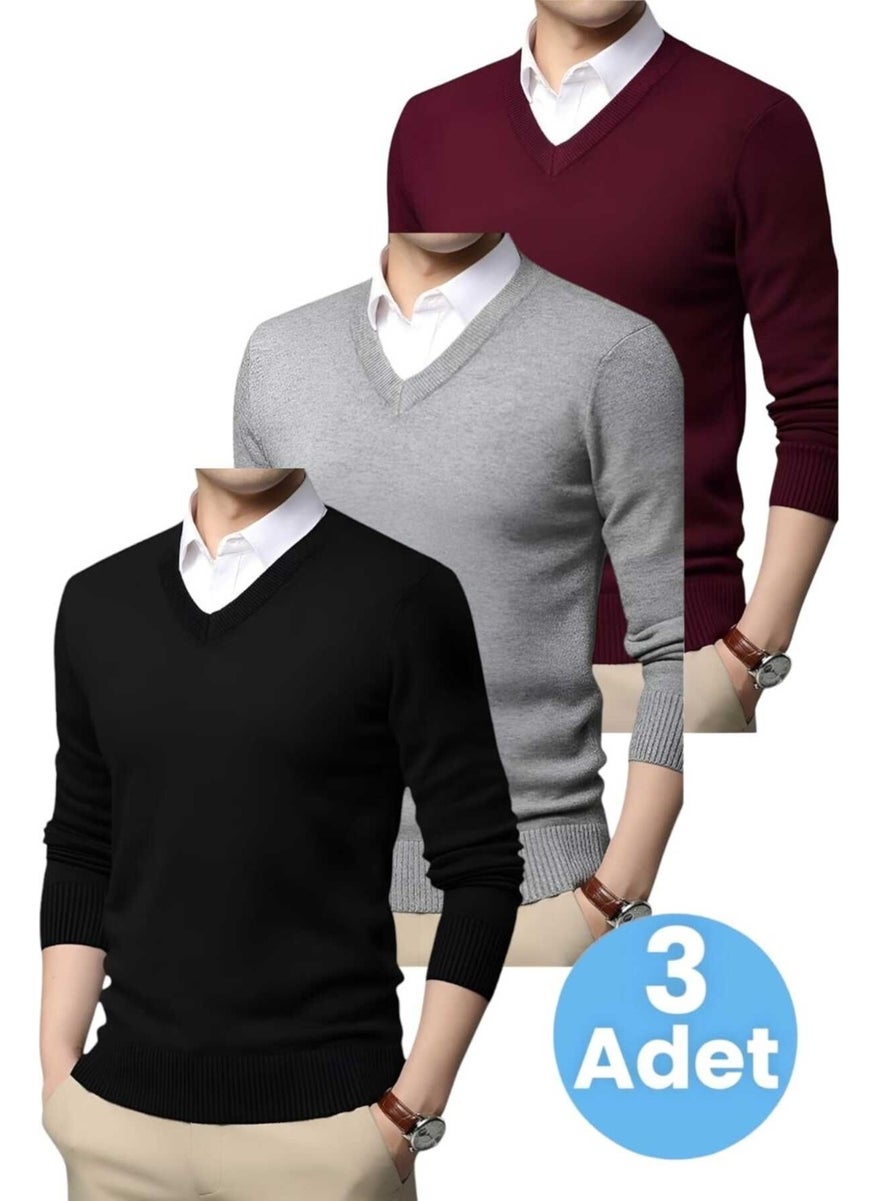3-Piece Men's V Neck Long Sleeve Knitwear Non-Pilling Sweater Men's Slim Fit Sweater