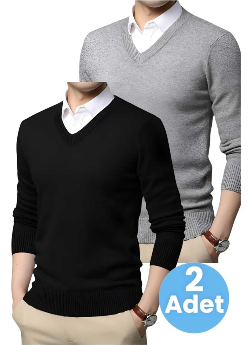 2-Pack Men's V Neck Long Sleeve Knitwear Non-Pilling Sweater Men's Slim Fit Sweater