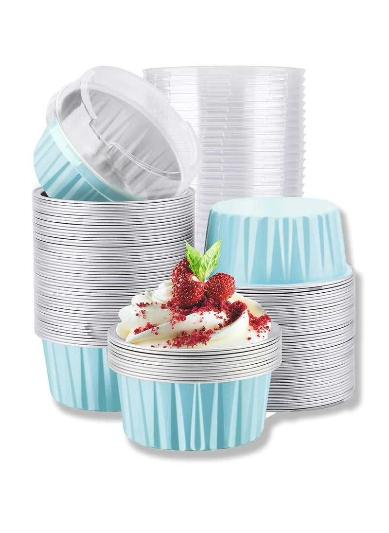 50pcs 5oz Mini Aluminum Pans with Lids Foil Cups Dessert Cups for Cheesecakes and More(Light Blue)