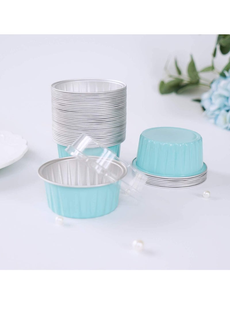 50pcs 5oz Mini Aluminum Pans with Lids Foil Cups Dessert Cups for Cheesecakes and More(Light Blue)