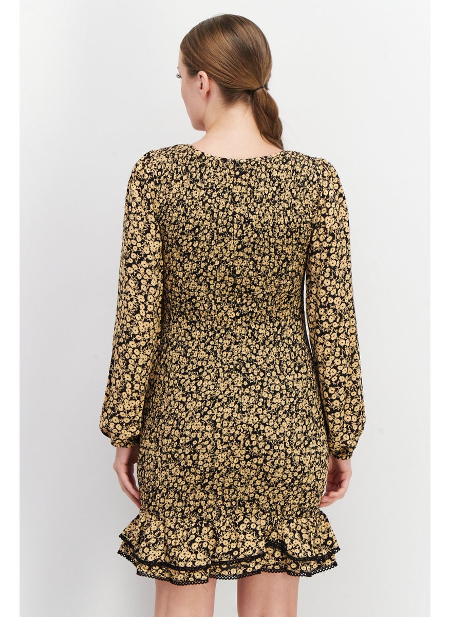 Women Floral Print Smoked Casual Mini Dress, Khaki