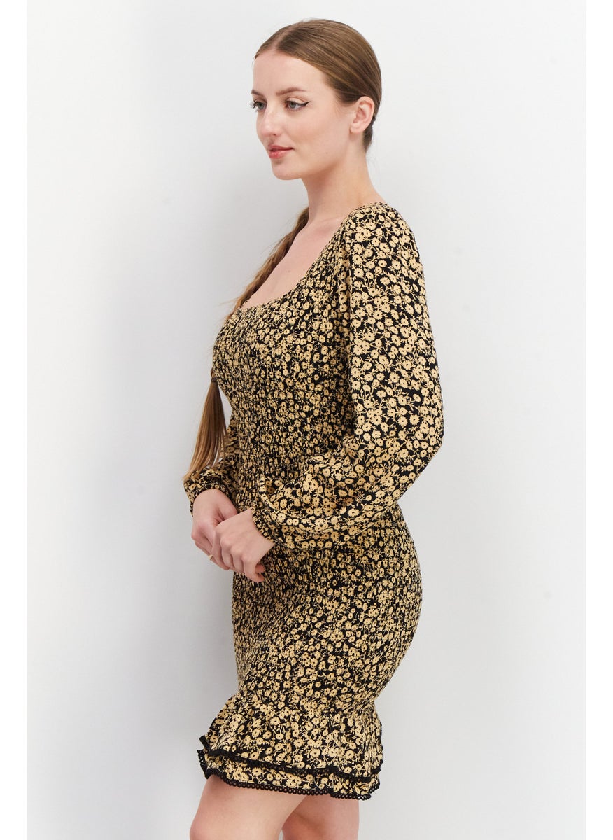 Women Floral Print Smoked Casual Mini Dress, Khaki