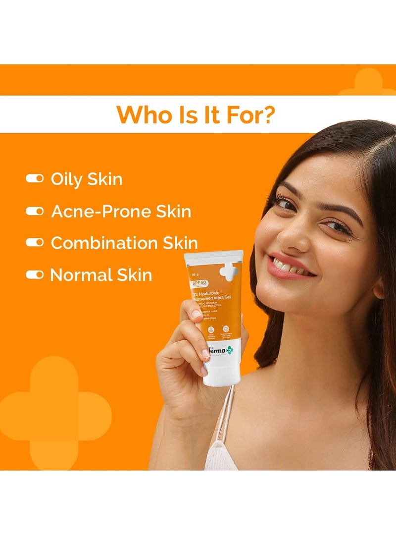 The Derma Co 1% Hyaluronic Sunscreen Aqua Gel SPF 50 PA++++ I For Oily, Dry, Acne-prone Skin | Ultra Lightweight Texture I Non-Greasy, No White Cast | Broad Spectrum Protection & Blue Light Protection | For Men & Women | 80 g