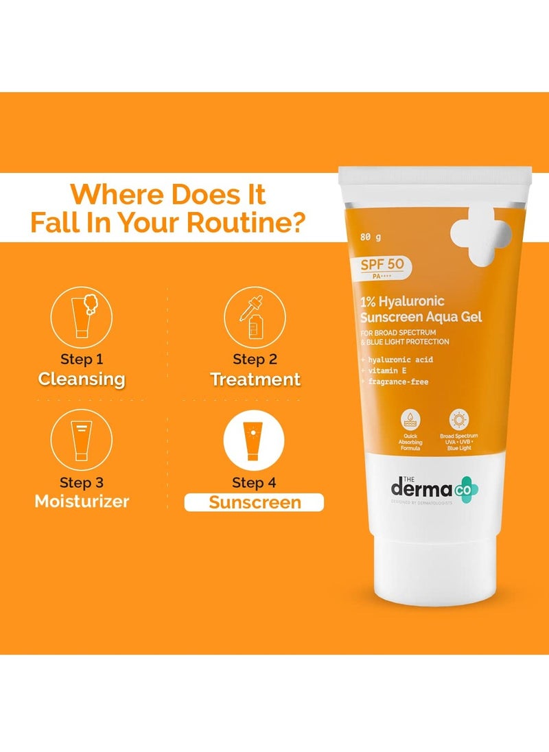 The Derma Co 1% Hyaluronic Sunscreen Aqua Gel SPF 50 PA++++ I For Oily, Dry, Acne-prone Skin | Ultra Lightweight Texture I Non-Greasy, No White Cast | Broad Spectrum Protection & Blue Light Protection | For Men & Women | 80 g