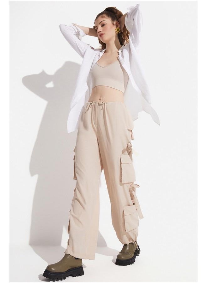 June Women Cargo Pocket Wide Leg Woven Trouser Stone