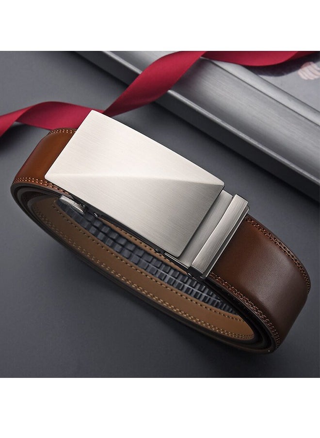Men's Belt Leather Ratchet Belt - Two-Layer Cowhide Business Alloy Automatic Buckle Genuine Leather Belt Casual Adjustable Buckle, Cut To Fit