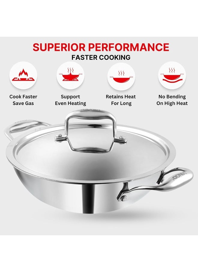 Vinod Platinum Triply Stainless Steel Extra Deep Kadai with Lid- 26 cm, 3.7 L (Induction Friendly)