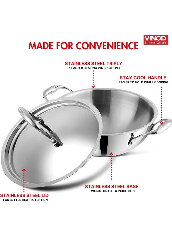 Vinod Platinum Triply Stainless Steel Extra Deep Kadai with Lid- 26 cm, 3.7 L (Induction Friendly)