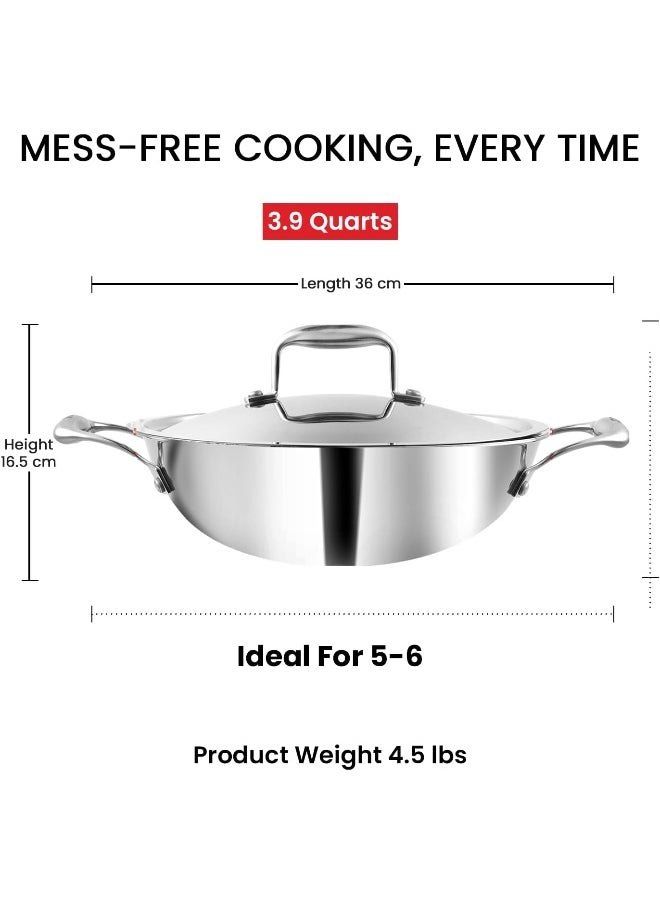 Vinod Platinum Triply Stainless Steel Extra Deep Kadai with Lid- 26 cm, 3.7 L (Induction Friendly)