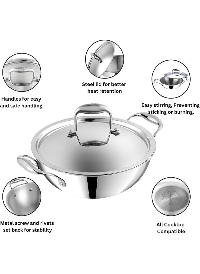 Vinod Platinum Triply Stainless Steel Extra Deep Kadai with Lid- 26 cm, 3.7 L (Induction Friendly)