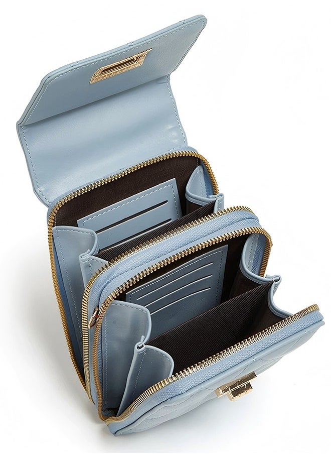 Women's Single Shoulder Crossbody Phone Bag Card Holder Women's Diamond Coin Purse Fashion Lock Large Bill Clip Coin Purse - Multi-Compartment Card Holder With Turn Lock, Coin Pocket And Zipper Bill Slot Light Blue