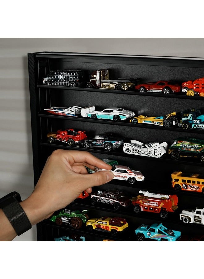 Hot Wheels 1/64 Scale Diescast Display Rack, Wall Mount Metal Storage Shelf Cabinet For 60 Hot Wheels Cars (Black)- Mk951A
