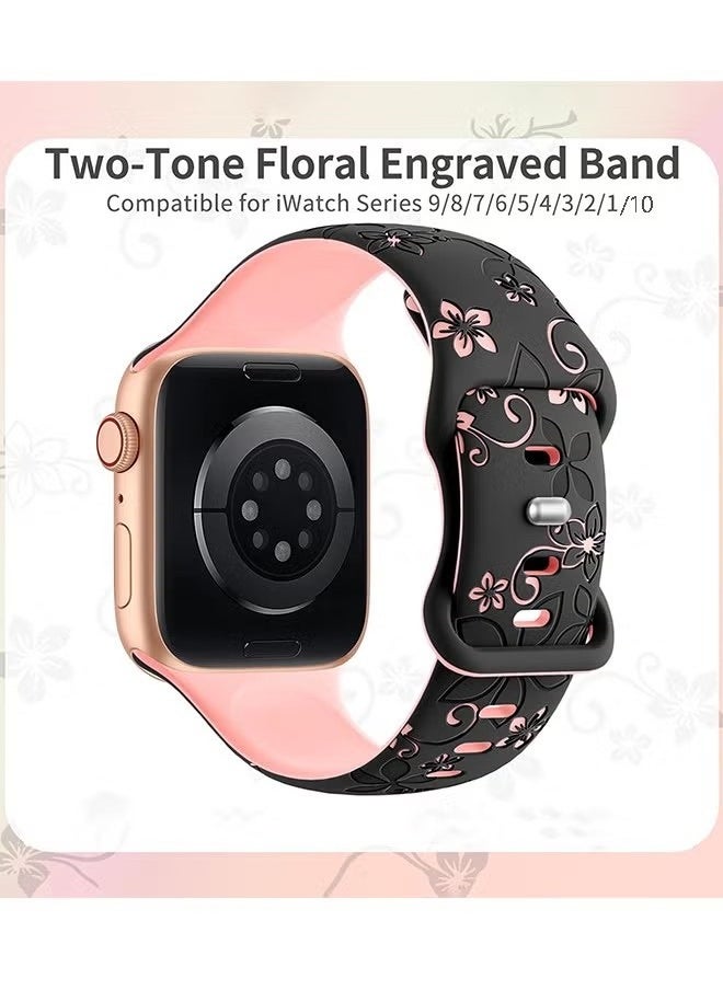 Apple Watch Strap, Floral Engraved Bands Compatible with Apple Watch Band 41mm 40mm 44mm 45mm 42mm 38mm 49mm 46mm for Women,Cute Flower iWatch Bands Soft Silicone Sport Strap for iWatch Series SE 10 9 8 7 6 5 4 3 Ultra