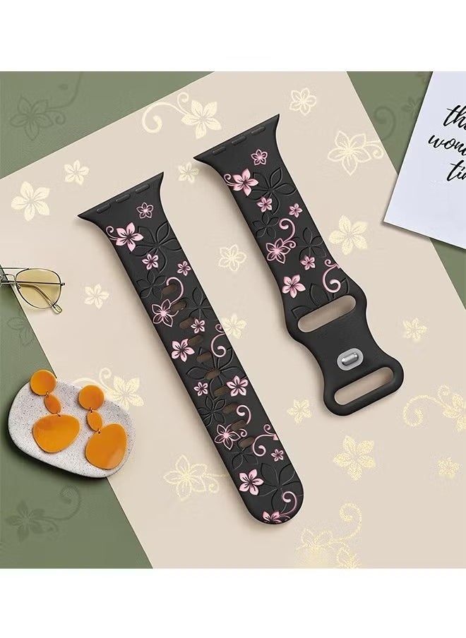 Apple Watch Strap, Floral Engraved Bands Compatible with Apple Watch Band 41mm 40mm 44mm 45mm 42mm 38mm 49mm 46mm for Women,Cute Flower iWatch Bands Soft Silicone Sport Strap for iWatch Series SE 10 9 8 7 6 5 4 3 Ultra