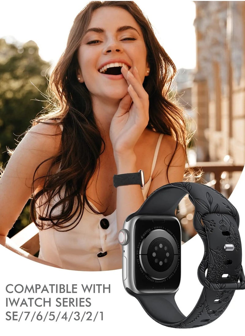 Compatible with Apple Watch Straps 42mm 44mm 45mm 49mm, Soft Silicone Sport Strap Women Engraved Dandelion Pattern Replacement for iWatch Series 8,7,SE,6,5,4,3,2,1, Black+White