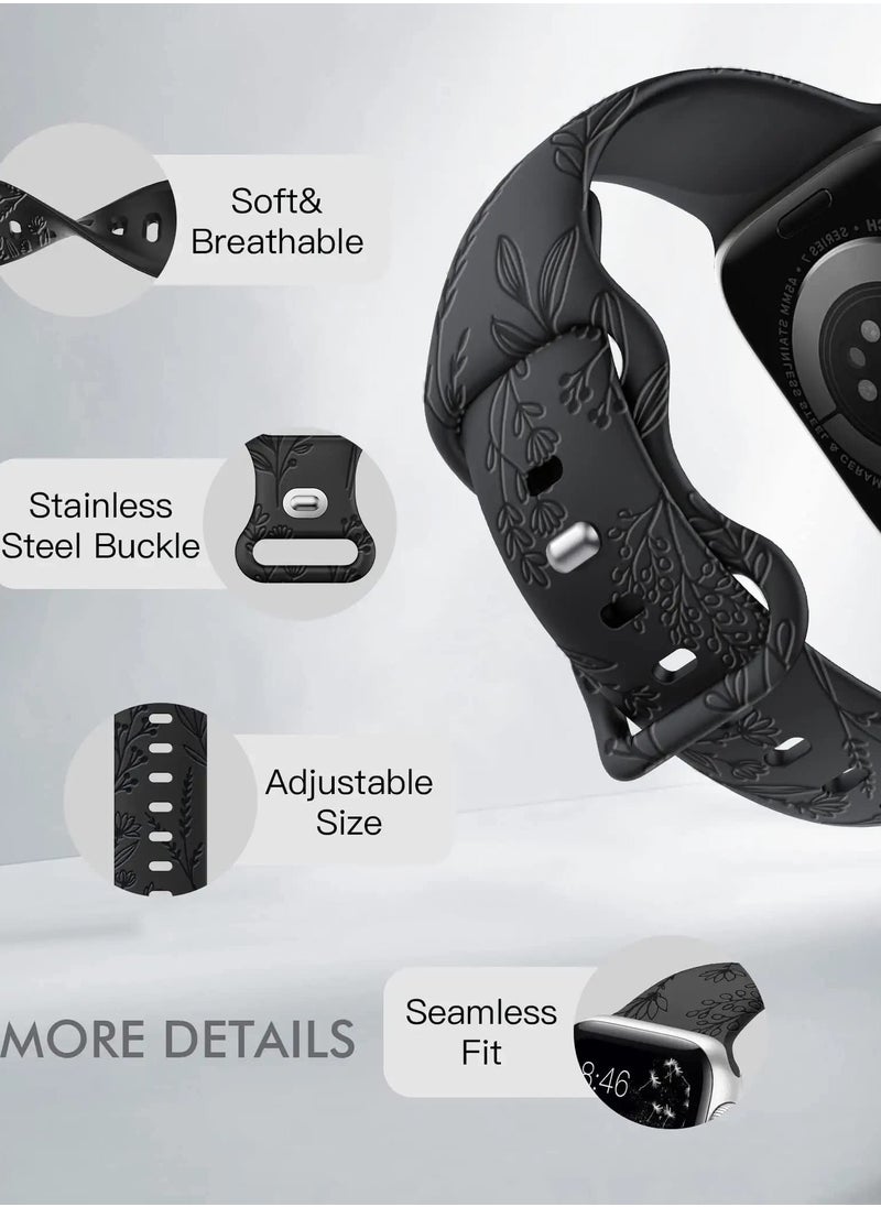 Compatible with Apple Watch Straps 42mm 44mm 45mm 49mm, Soft Silicone Sport Strap Women Engraved Dandelion Pattern Replacement for iWatch Series 8,7,SE,6,5,4,3,2,1, Black+White