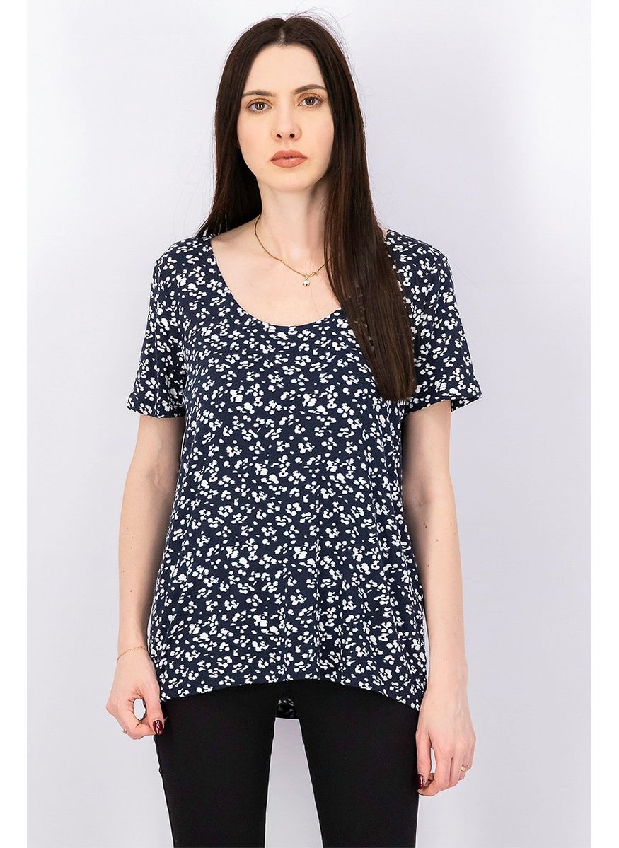 Women Scoop Neckline Floral Print Top, Navy Blue