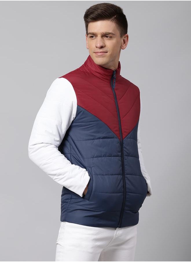 Bright Navy Regular Fit Men's Colourblocked Mock Neck Polyester Jacket with Zipper Closure