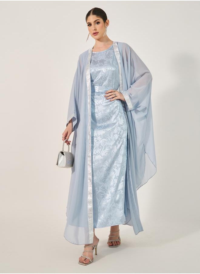 Jacquard Batwing Sleeve Abaya with Inner Belted Dress Set