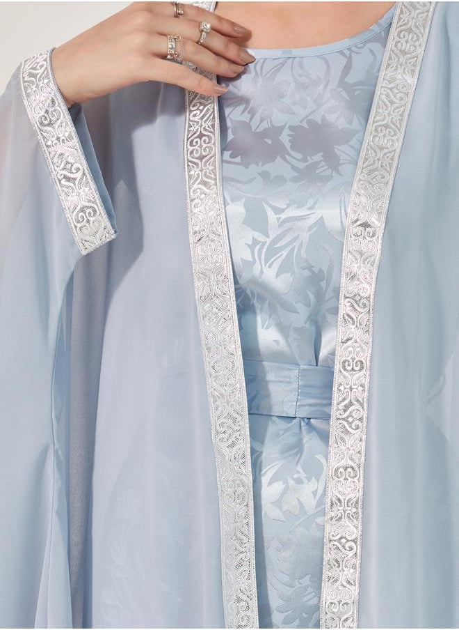 Jacquard Batwing Sleeve Abaya with Inner Belted Dress Set