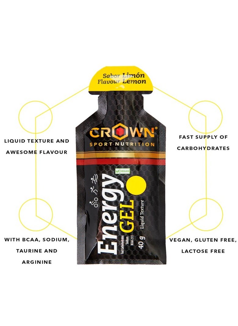 Crown Sport Nutrition 12 x Energy Gels, 40 g Liquid Texture, Carbohydrates, Amino acids and Electrolytes, Lemon Flavor
