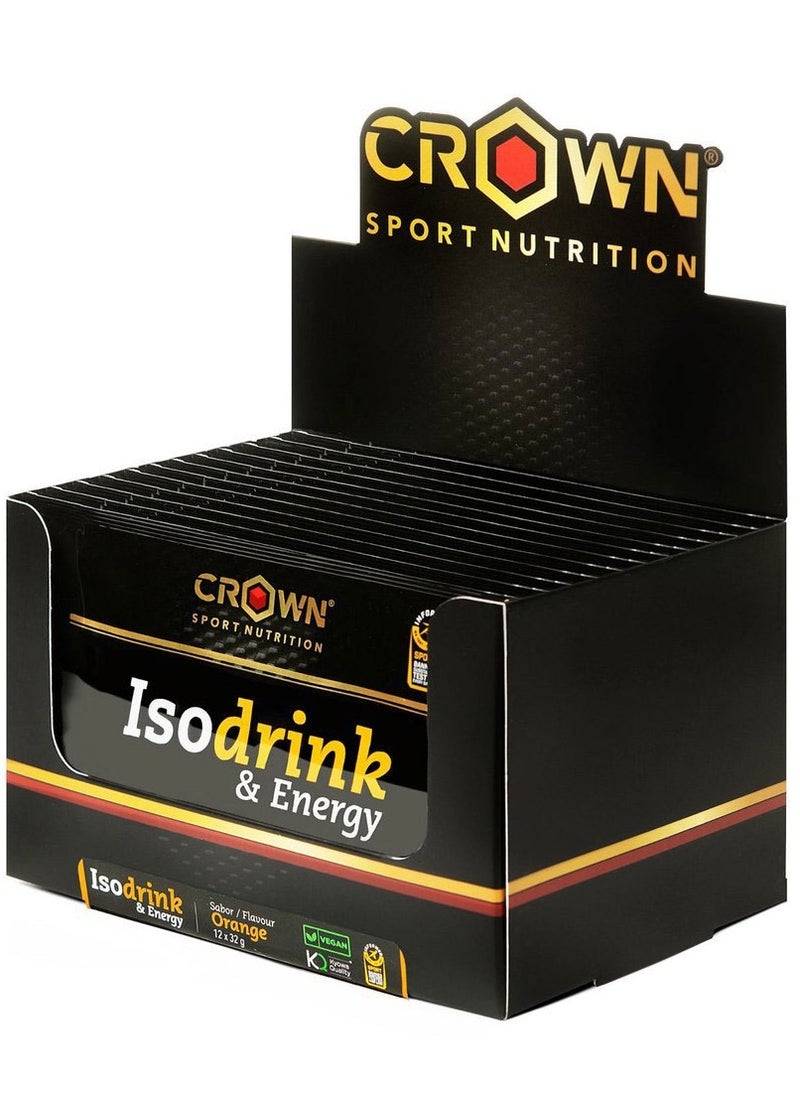 Crown Sport Nutrition Isodrink & Energy, Orange Flavored, Box of 12 Units 32 Grams
