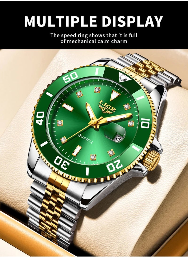 Men's Business Green Dial Quartz Watches Luxurious and Elegant with Stainless Steel Band