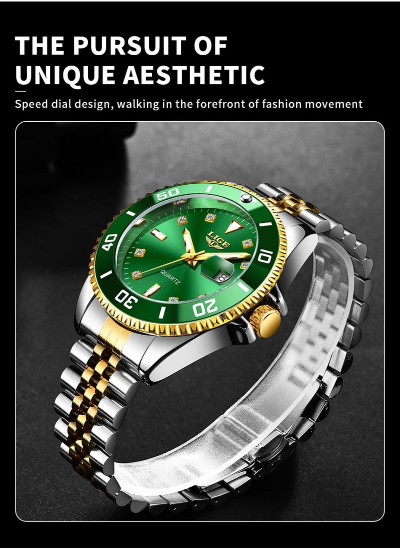 Men's Business Green Dial Quartz Watches Luxurious and Elegant with Stainless Steel Band