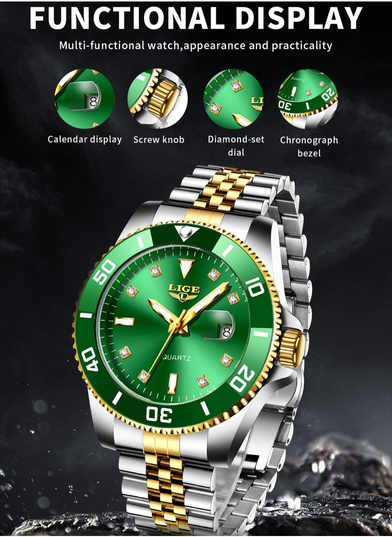 Men's Business Green Dial Quartz Watches Luxurious and Elegant with Stainless Steel Band
