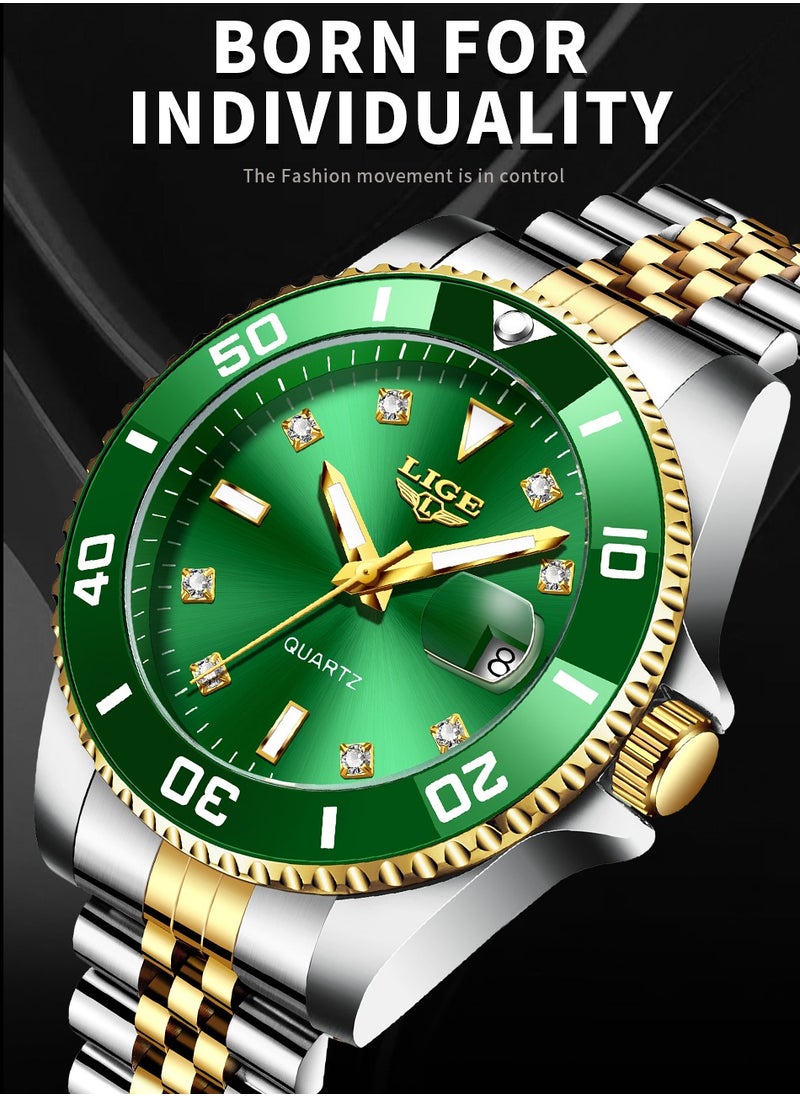 Men's Business Green Dial Quartz Watches Luxurious and Elegant with Stainless Steel Band