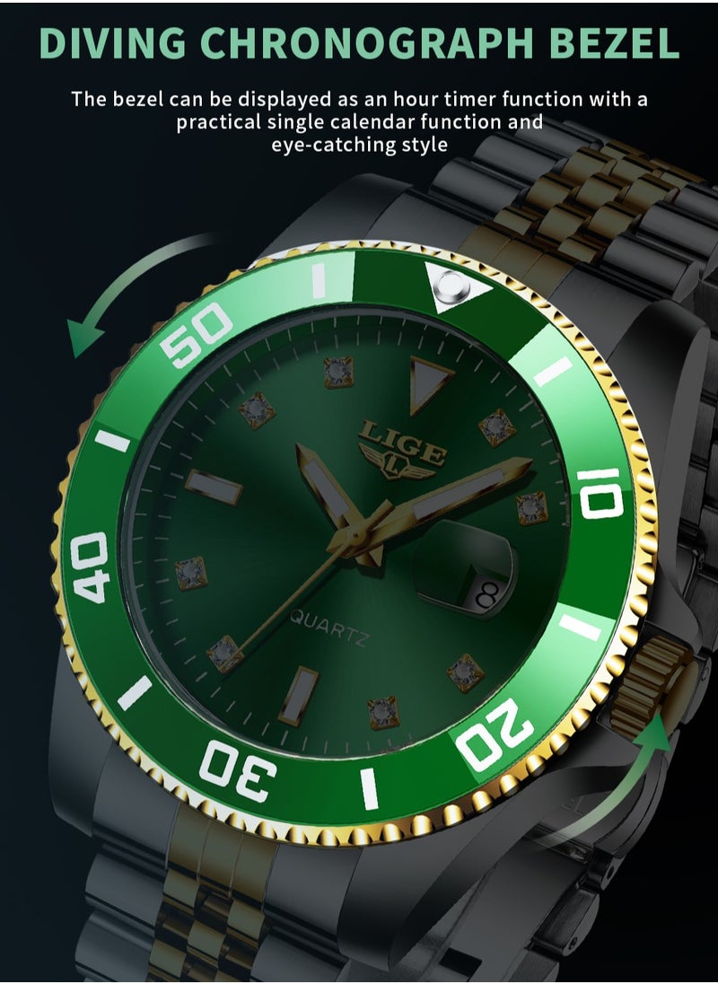 Men's Business Green Dial Quartz Watches Luxurious and Elegant with Stainless Steel Band