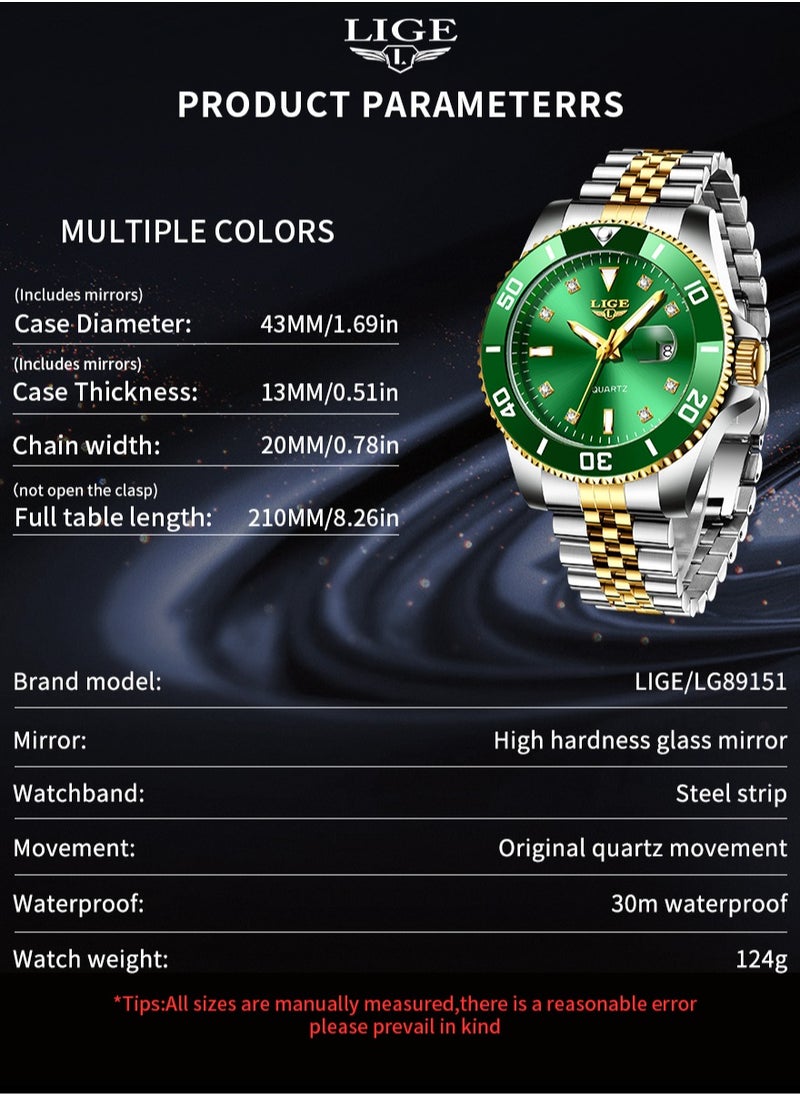 Men's Business Green Dial Quartz Watches Luxurious and Elegant with Stainless Steel Band