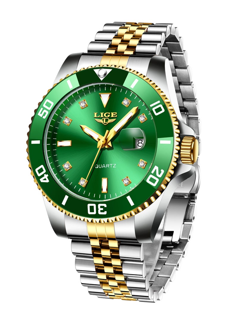 Men's Business Green Dial Quartz Watches Luxurious and Elegant with Stainless Steel Band