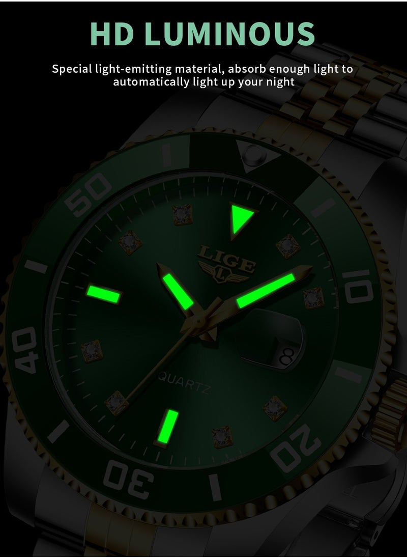 Men's Business Green Dial Quartz Watches Luxurious and Elegant with Stainless Steel Band