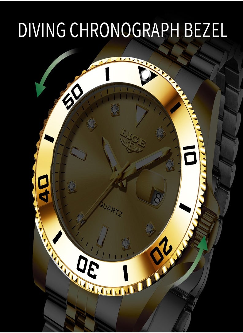 Men's Business Gold Dial Quartz Watch with Stainless Steel Band